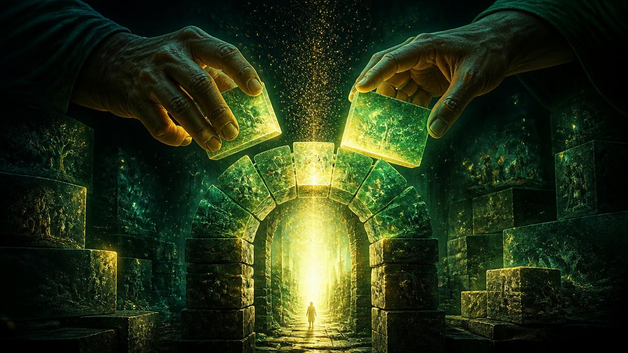 Hands setting glowing stones into a radiant archway of light