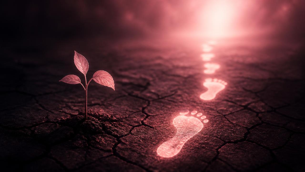 A seedling beside a glowing trail of footsteps
