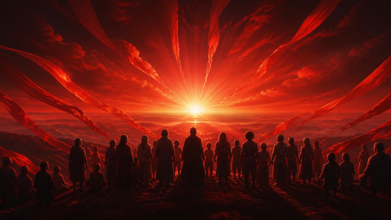 A community standing together facing a radiant sunrise