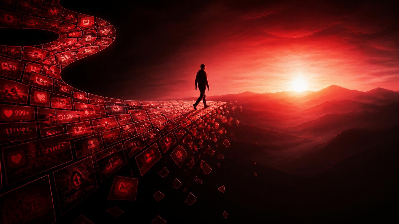 A person stepping away from an endless feed into open dawn light