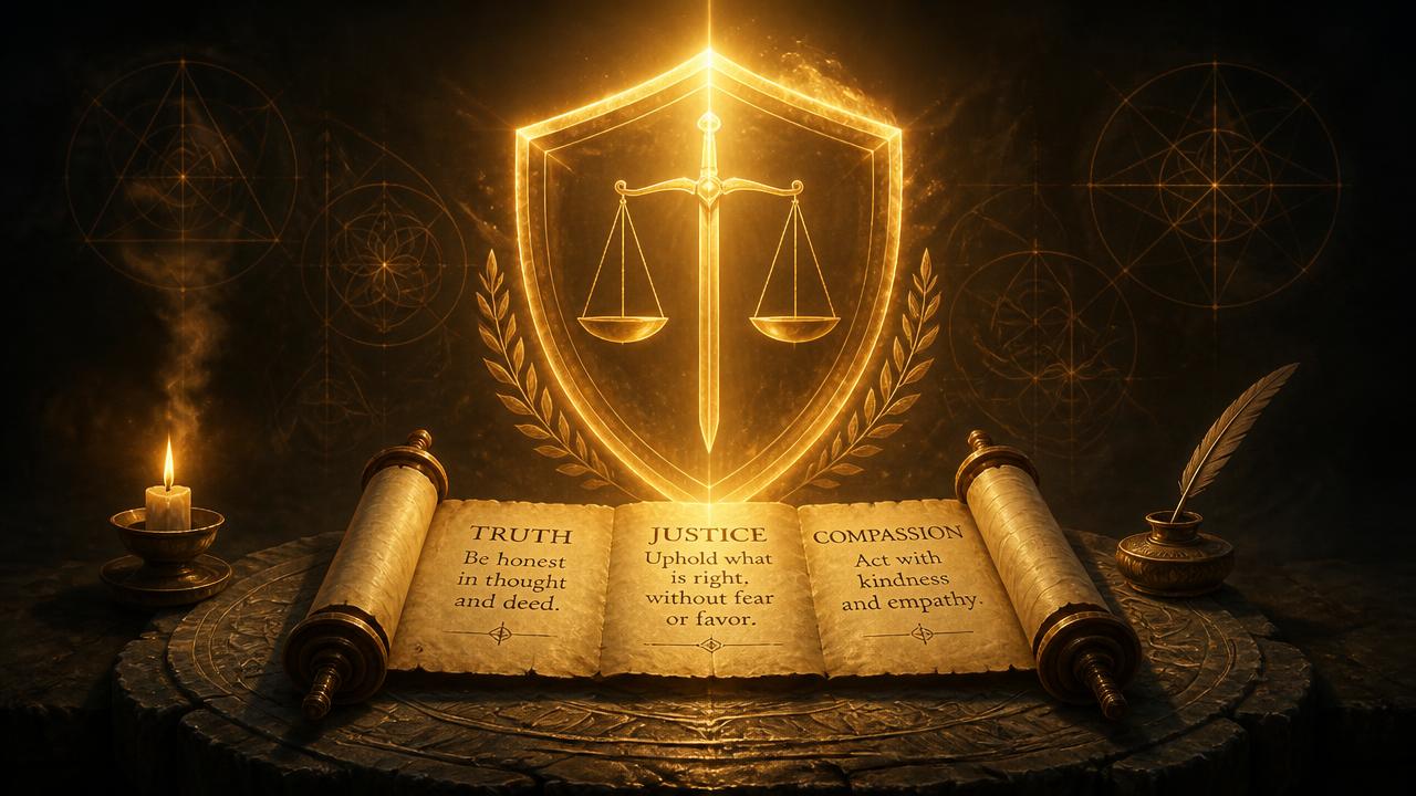 A shield of light and an open scroll of values