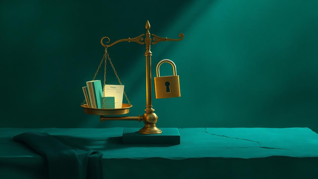 A brass balance scale weighing a glowing archive of letters and film frames against a closed padlock