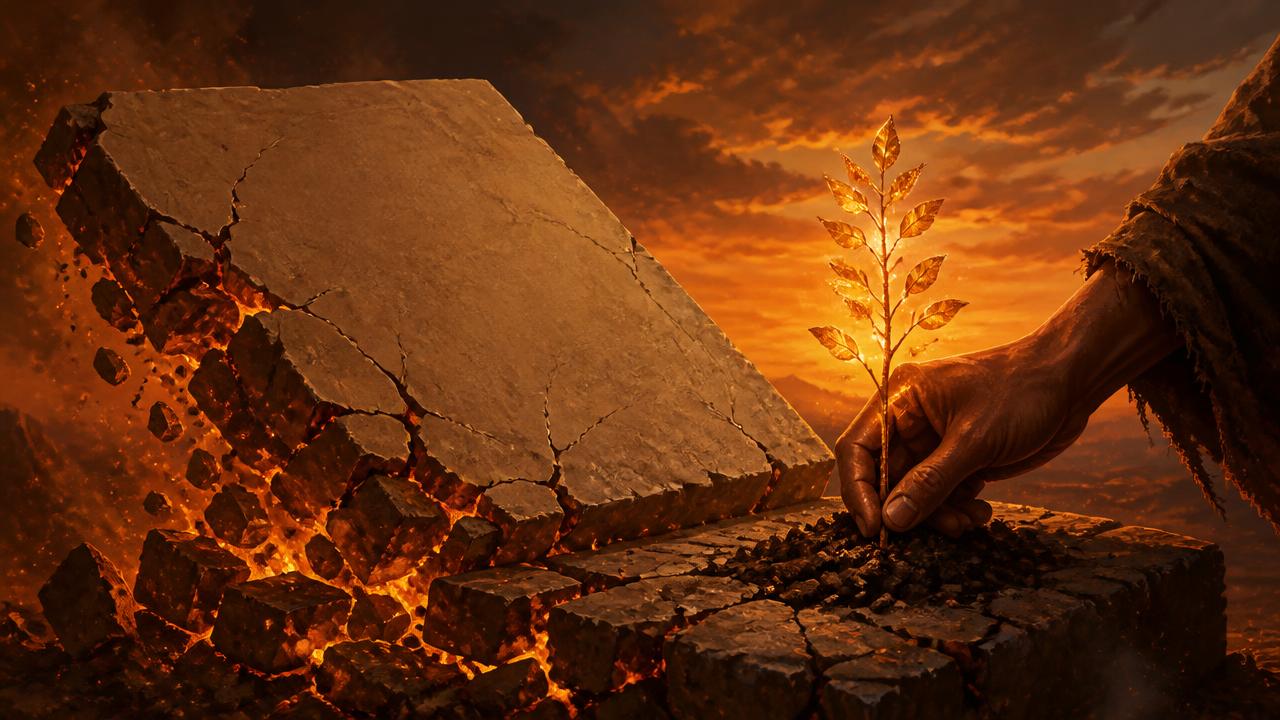 A cracked stone slab crumbling into embers as a hand plants a glowing amber sapling in the rubble