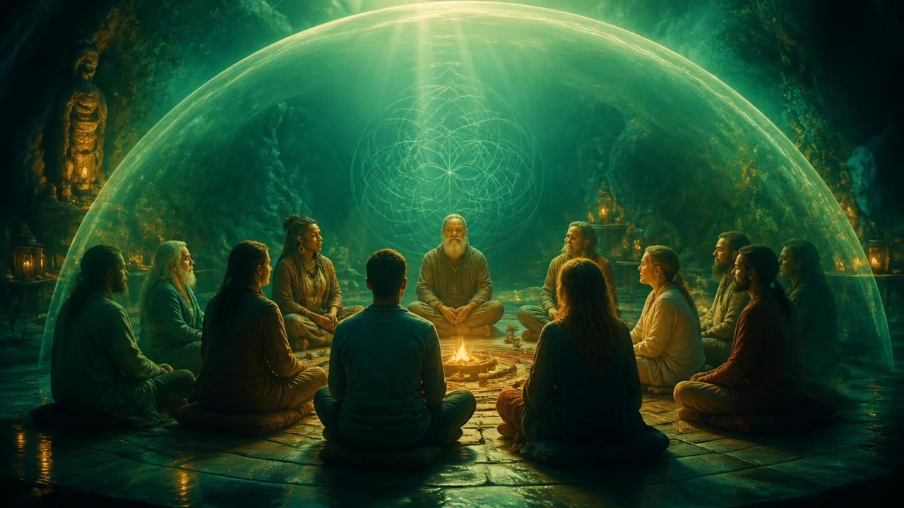 A community seated in a circle around a small fire beneath a protective dome of teal light
