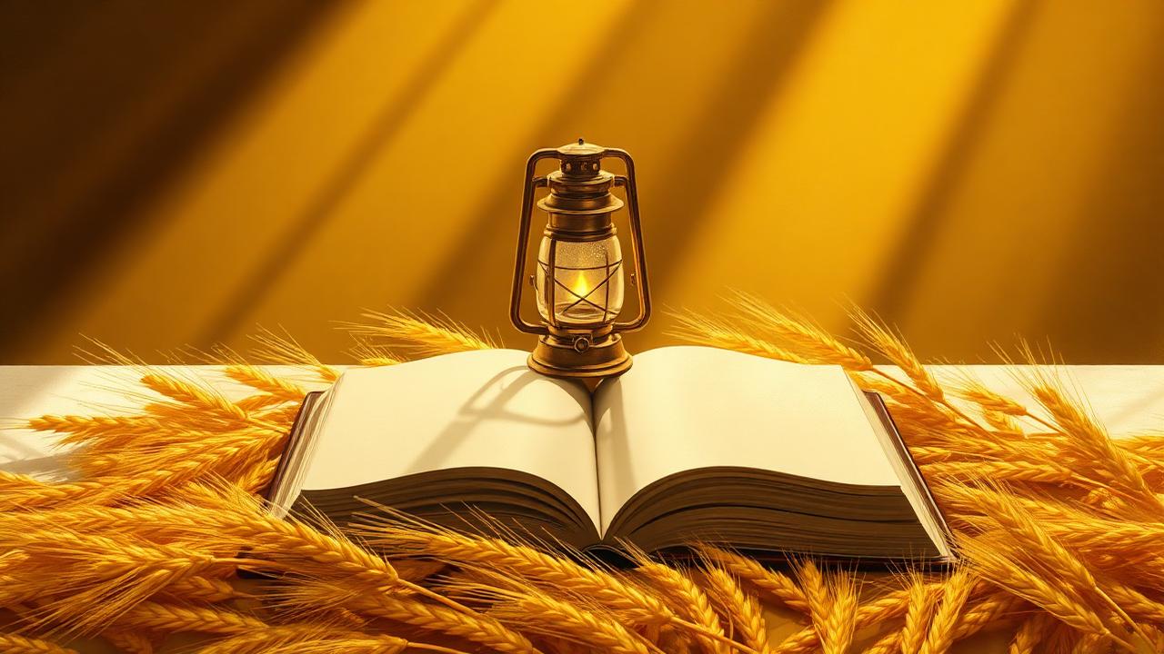 A brass lantern glowing on an open blank book surrounded by golden wheat in warm shafts of light