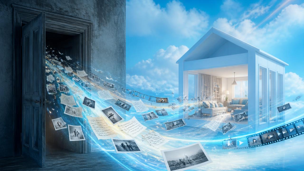 Photographs, letters, and video frames streaming on a river of blue light from an old doorway into a bright new home