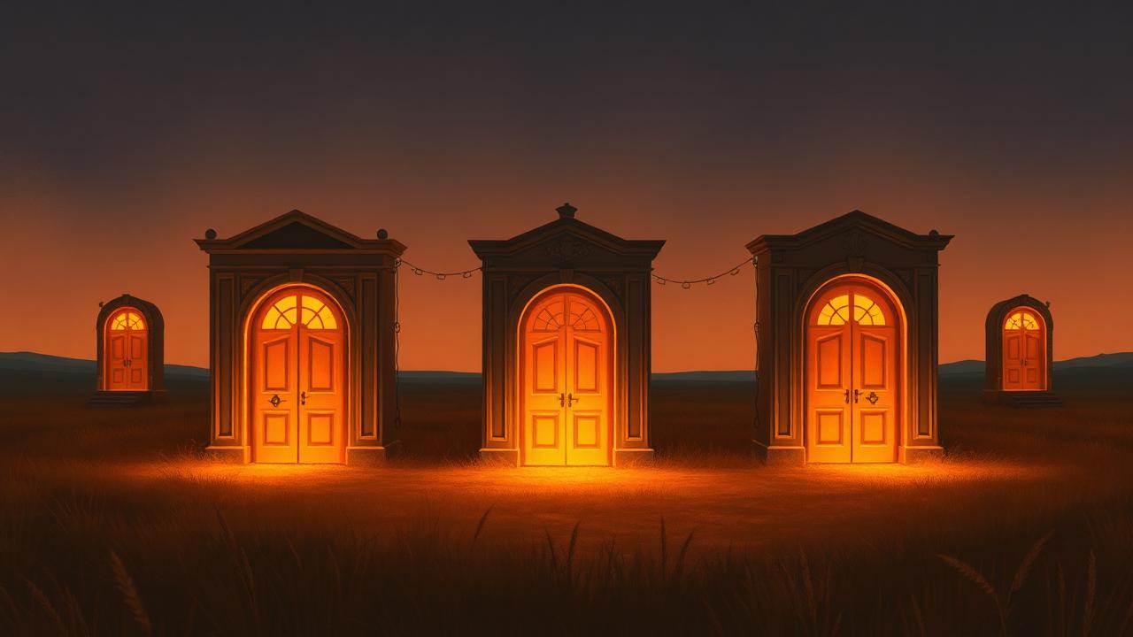 Five glowing doorways of different styles standing in an open twilight field, one brighter than the rest