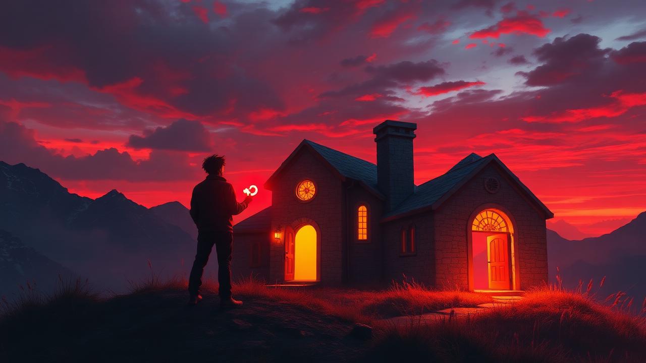 A person holding a glowing crimson key before a warm lit stone home with an open door at sunset