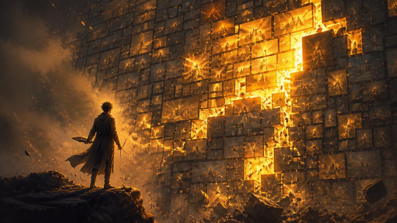A creator standing before a towering wall of glowing screens breaking apart into warm amber light
