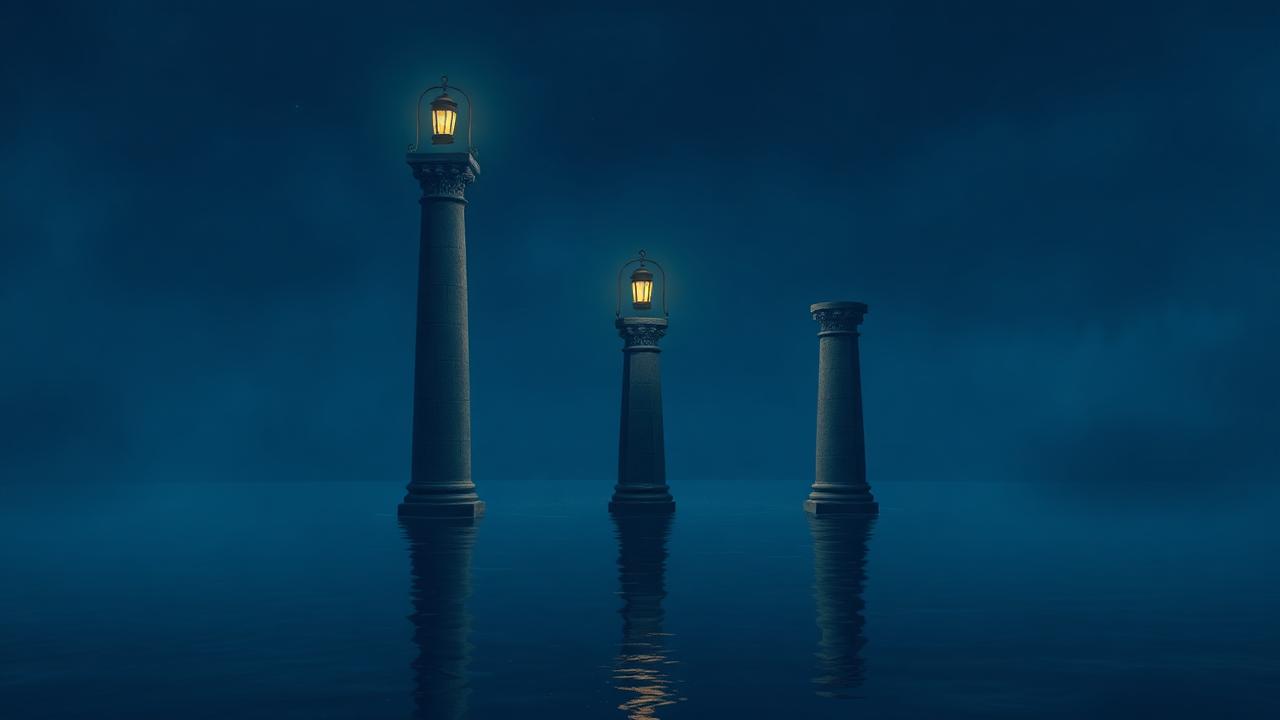 Three stone pillars of differing heights in a still indigo reflecting pool at night, two crowned with glowing lanterns
