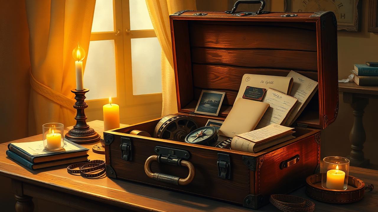 An open wooden travel trunk on a candlelit table packed with photographs, film reels, letters, and a compass