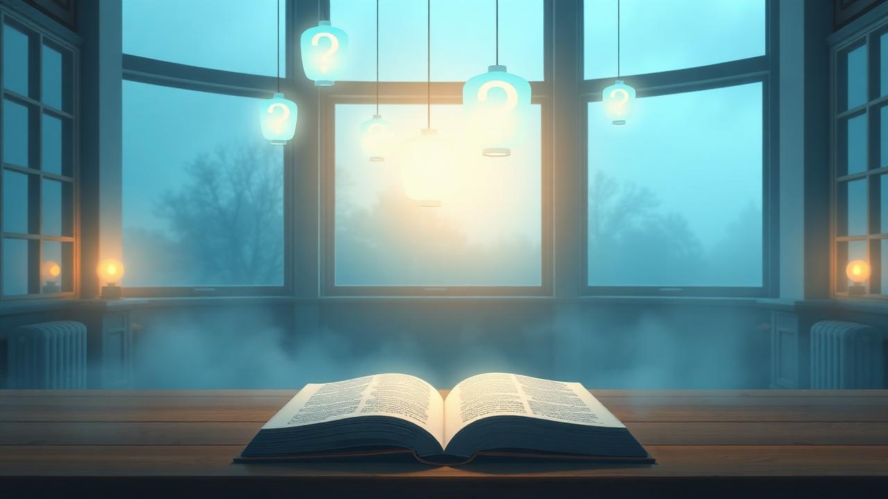 Glowing question-shaped lanterns drifting above an open journal in a misty reading room at dawn