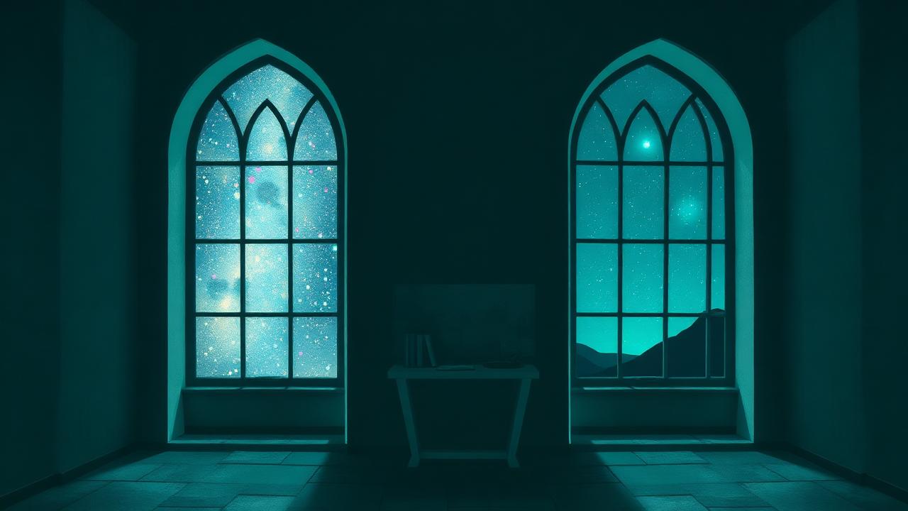 Two tall arched windows in a dark stone hall, one showing a swirling crowded feed of light and the other a calm starlit landscape