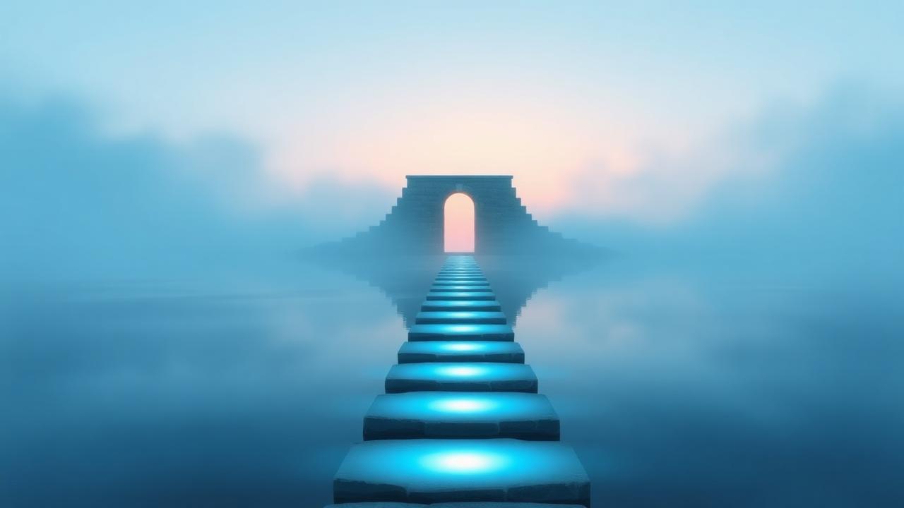 Six glowing blue stepping stones crossing a misty river toward a lit stone doorway at dawn