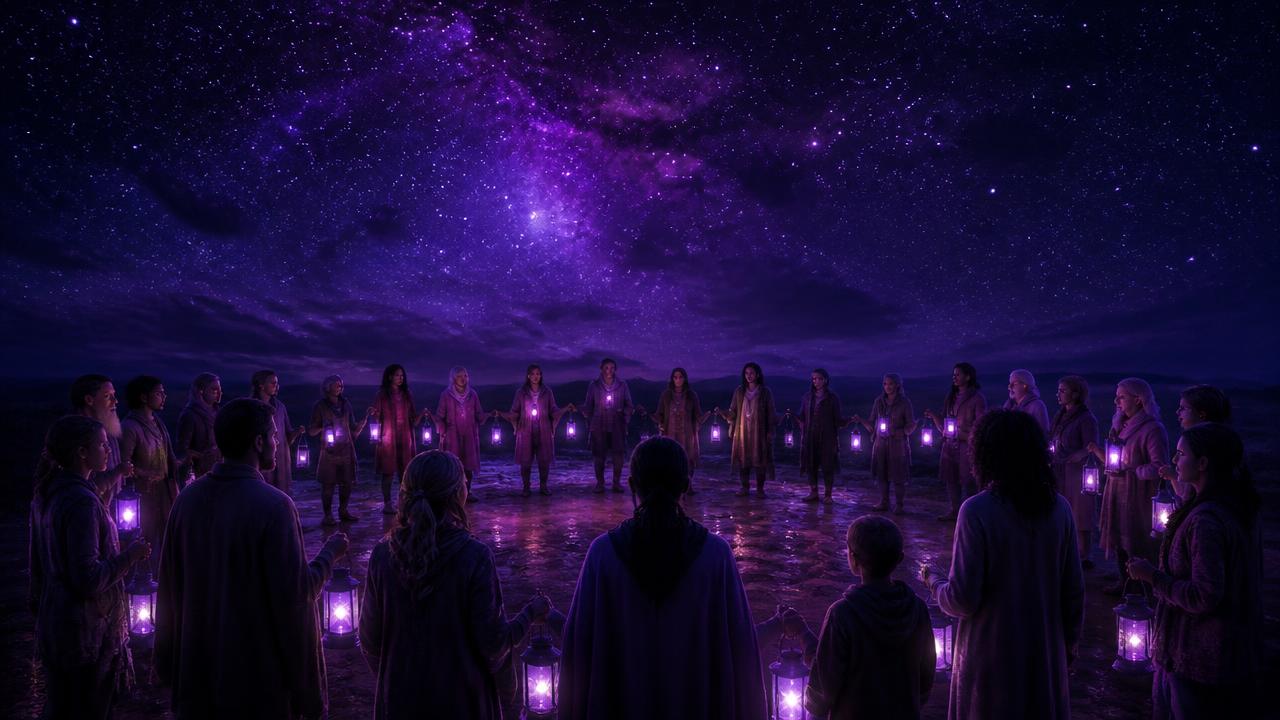 A circle of people holding glowing violet lanterns beneath a vast starry night sky