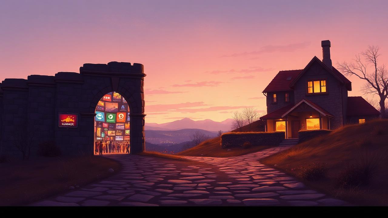 Two paths diverging from a stone gate, one into a crowded glowing marketplace and one toward a warm lit home on a hill