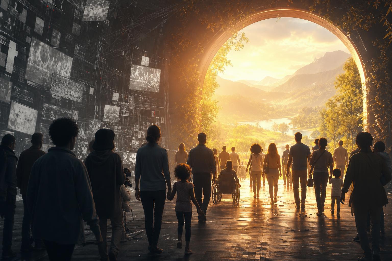 A creator community walking together through a glowing archway of teal and amber light, leaving a grey feed behind
